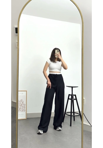 Pullaps Keten Ayrobin Palazzo Pantolon Siyah