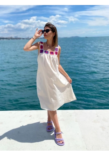 Pullaps Keten İçi Astarlı Omuzu Dantel Nakışlı Elbise