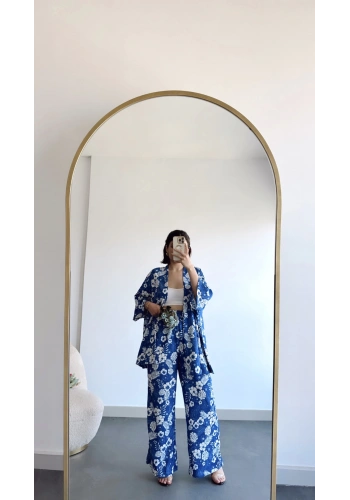 Pullaps Kimonolu Pantolonlu Desenli Gofre Takım Mavi