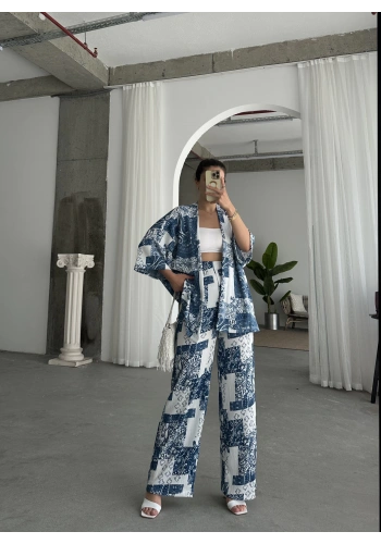 Pullaps Kimonolu Pantolonlu Desenli Gofre Takım Mavi Beyaz