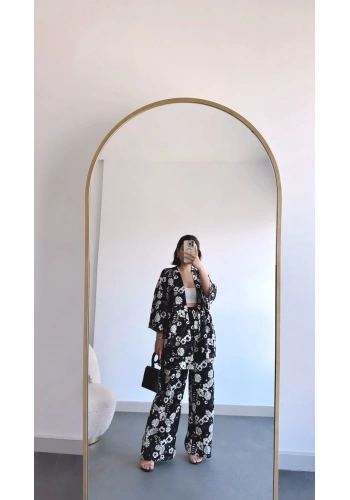 Pullaps Kimonolu Pantolonlu Desenli Gofre Takım Siyah