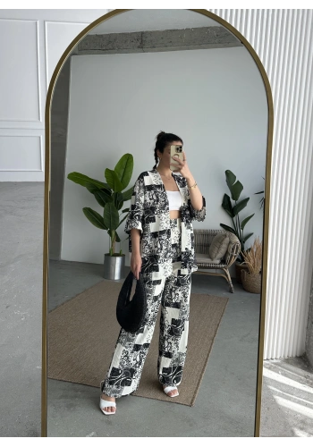 Pullaps Kimonolu Pantolonlu Desenli Gofre Takım Siyah Beyaz