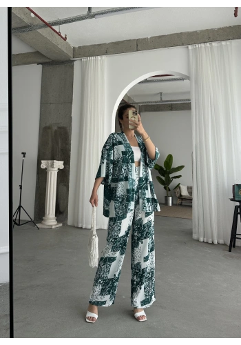 Pullaps Kimonolu Pantolonlu Desenli Gofre Takım Yeşil