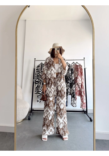 Pullaps Kimonolu Pantolonlu Etnik Desenli Gofre Takım Kahve