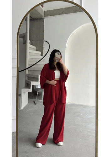 Pullaps Kimonolu Pantolonlu Gofre Takım Kırmızı