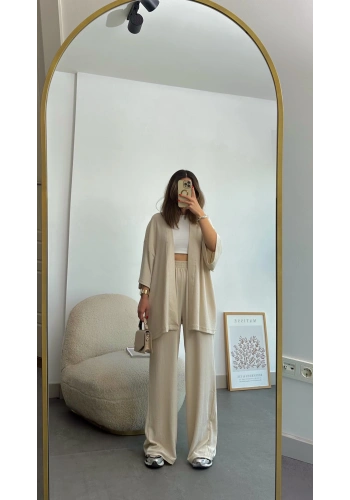 Pullaps Kimonolu Pantolonlu Gofre Takım Vizon