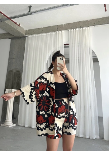 Pullaps Kimonolu Şortlu Desenli Gofre Takım