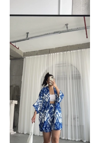 Pullaps Kimonolu Şortlu Etnik Desenli Gofre Takım Mavi