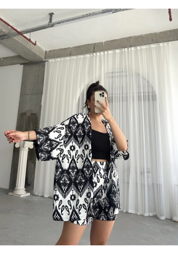 Pullaps Kimonolu Şortlu Etnik Desenli Gofre Takım Siyah