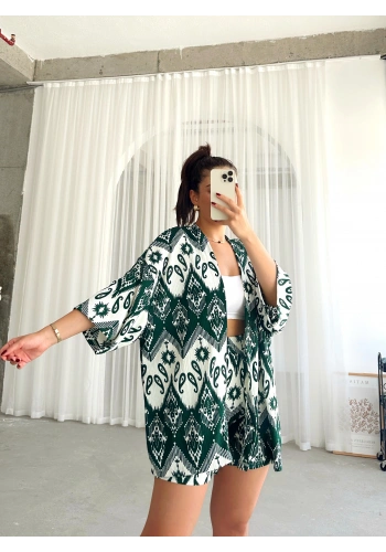 Pullaps Kimonolu Şortlu Etnik Desenli Gofre Takım Yeşil