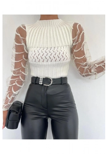 Pullaps Kol Tül Detaylı Bisiklet Yaka Triko Kazak Ekru