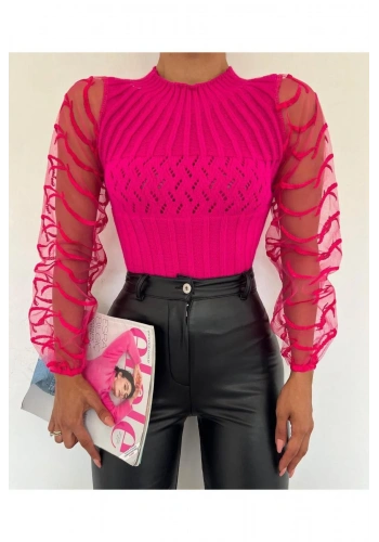 Pullaps Kol Tül Detaylı Bisiklet Yaka Triko Kazak Pembe