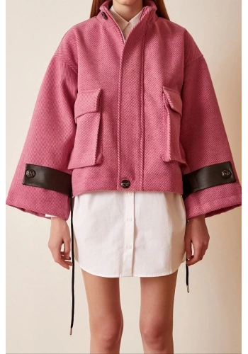 Pullaps Kolları Deri Detaylı Astarlı Mont Pembe