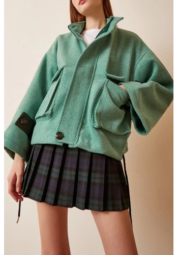 Pullaps Kolları Deri Detaylı Astarlı Mont Yeşil