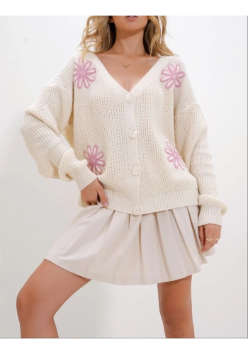 Pullaps Krem Çiçek Desenli Düğmeli Triko Hırka