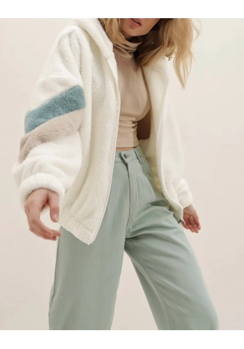 Pullaps Krem Kapüşonlu Fermuarlı Kolları Renk Bloklu Oversize Peluş Sweatshirt