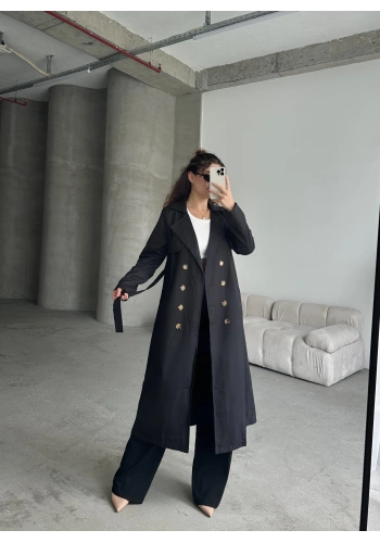 Pullaps Kruvaze Yaka Salaş Trençkot Siyah