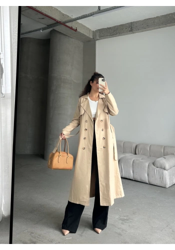 Pullaps Kruvaze Yaka Salaş Trençkot Vizon