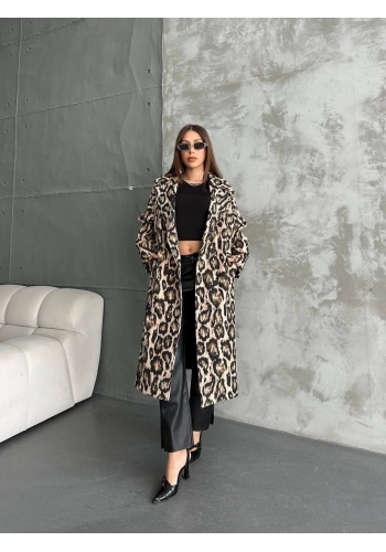Pullaps Leopar Dört Düğmeli Astarlı Kaşe Kaban