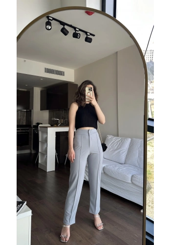 Pullaps Likralı Çımalı Palazzo Pantolon Gri