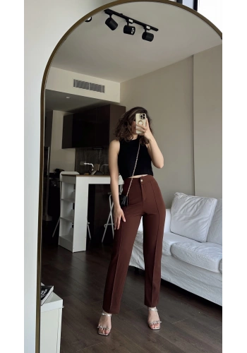 Pullaps Likralı Çımalı Palazzo Pantolon Kahve