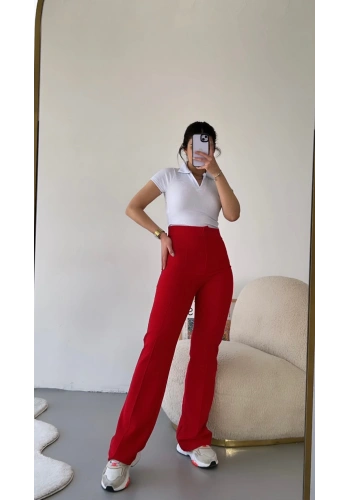 Pullaps Likralı Çımalı Palazzo Pantolon Kırmızı