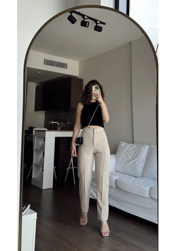 Pullaps Likralı Çımalı Palazzo Pantolon Krem