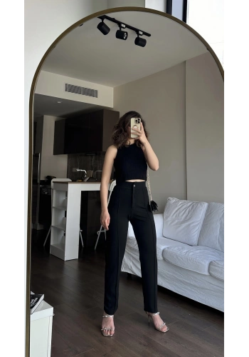 Pullaps Likralı Çımalı Palazzo Pantolon Siyah