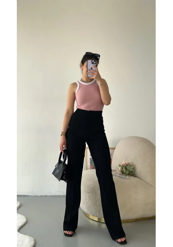 Pullaps Likralı Çımalı Palazzo Pantolon Siyah