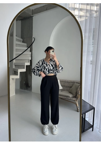 Pullaps Likralı Üçgen Paça Pantolon Siyah