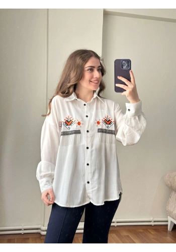 Pullaps Nakış Ve Boncuk Detaylı Gömlek