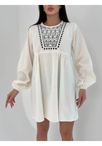 Pullaps Nakışlı Keten Salaş Tunik