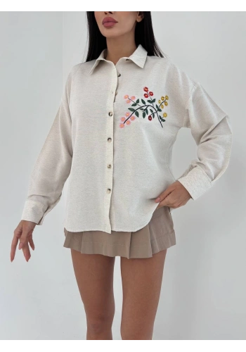 Pullaps Önü Çİçek Nakışlı Keten Salaş Gömlek