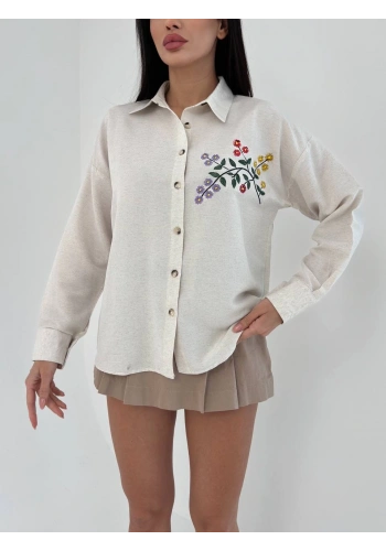 Pullaps Önü Çİçek Nakışlı Keten Salaş Gömlek