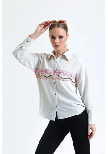 Pullaps Önü Nakışlı Keten Gömlek