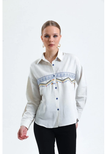 Pullaps Önü Nakışlı Keten Gömlek