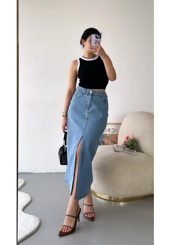 Pullaps Önü Yırtmaçlı Kot Etek