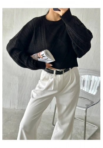 Pullaps Örgü Desenli Triko Kazak Siyah