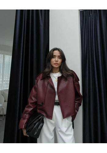 Pullaps Oversize Deri Kısa Mont Bordo