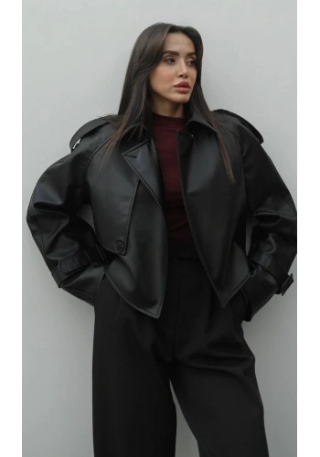 Pullaps Oversize Deri Kısa Mont Siyah