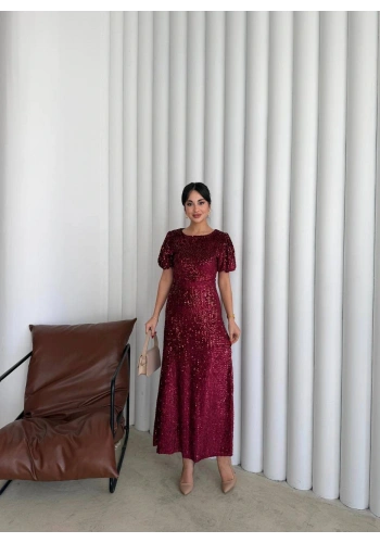Pullaps Payetli Maxi Elbise Bordo