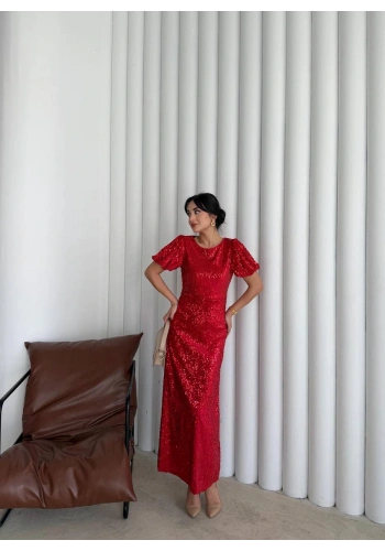 Pullaps Payetli Maxi Elbise Kırmızı