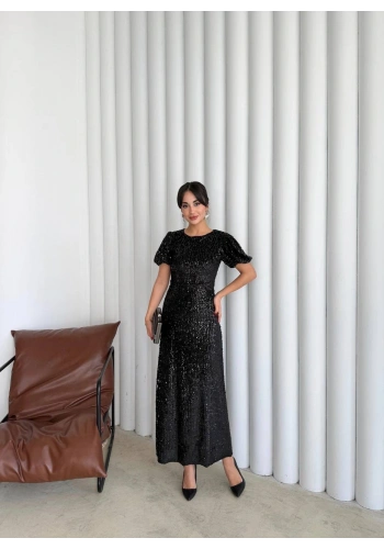 Pullaps Payetli Maxi Elbise Siyah