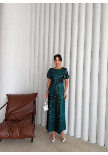 Pullaps Payetli Maxi Elbise Yeşil