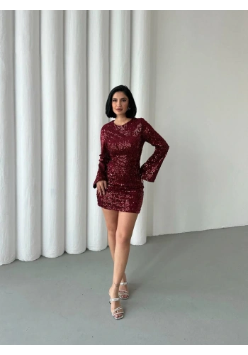 Pullaps Payetli Midi Elbise Bordo