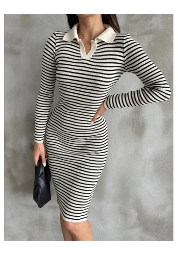 Pullaps Polo Yaka Çizgili Triko Elbise