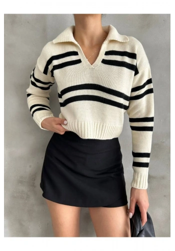 Pullaps Polo Yaka Çizgili Triko Kazak Beyaz