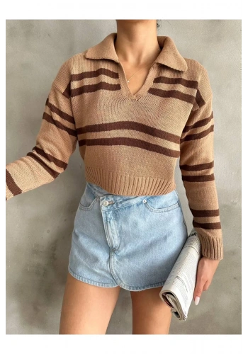 Pullaps Polo Yaka Çizgili Triko Kazak Camel