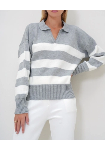 Pullaps Polo Yaka Yarım Pat Renk Bloklu Kazak Gri