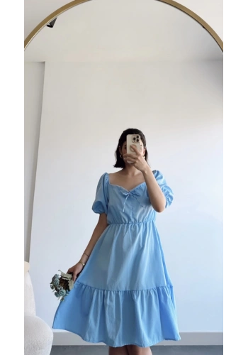 Pullaps Poplin Kumaş Balon Kol Elbise Mavi